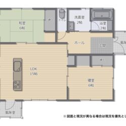 15帖のLDKと居室2部屋の平屋建てのお家です。コンパクトな造りは生活動線や家事動線も効率的です。間取